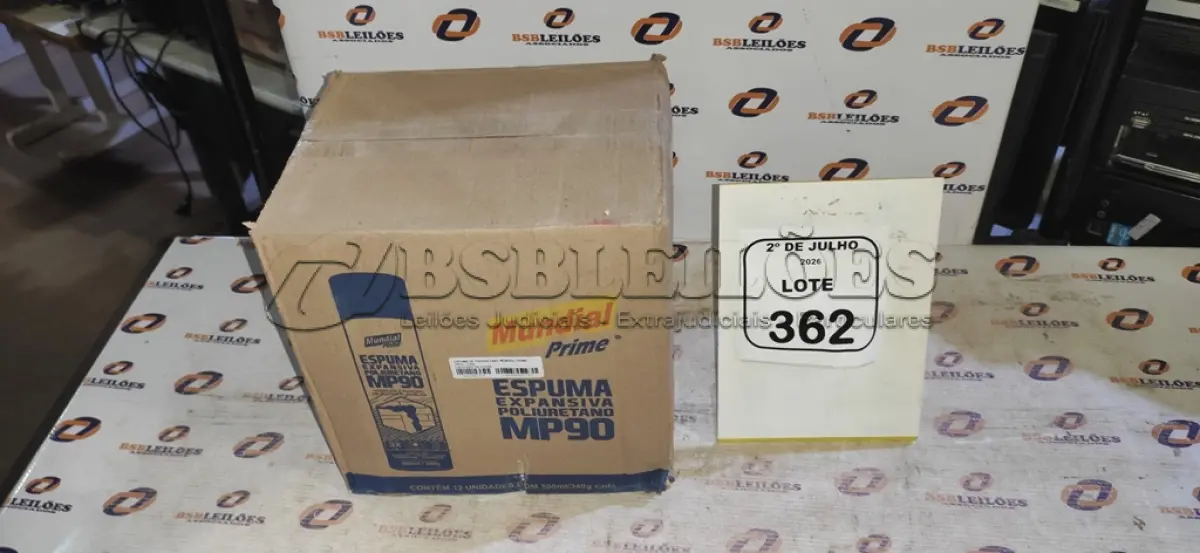 LOTE 362 - 12 LATAS DE ESPUMA EXPANSIVA DE POLIURETANO MP90 DE 500ML CADA MARCA MUNDIAL PRIME. (NO ESTADO) ATENÇÃO! FAZER A VISITAÇÃO ANTES DE ARREMATAR, NÃO SABEMOS SE FUNCIONA, LEILÃO NÃO TEM GARANTIA E NEM DEVOLUÇÃO, SUJEITO A POSSÍVEIS AVARIAS VISÍVEIS/OCULTAS E/OU AUSÊNCIA DE COMPONENTES.