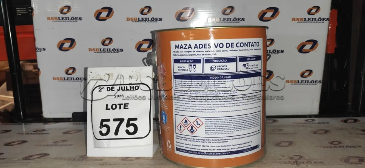 LOTE 575 - 01 LATA DE ADESIVO DE CONTATO 2,80KG MARCA MAZA. (NO ESTADO) ATENÇÃO! FAZER A VISITAÇÃO ANTES DE ARREMATAR, NÃO SABEMOS SE FUNCIONA, LEILÃO NÃO TEM GARANTIA E NEM DEVOLUÇÃO, SUJEITO A POSSÍVEIS AVARIAS VISÍVEIS/OCULTAS E/OU AUSÊNCIA DE COMPONENTES.