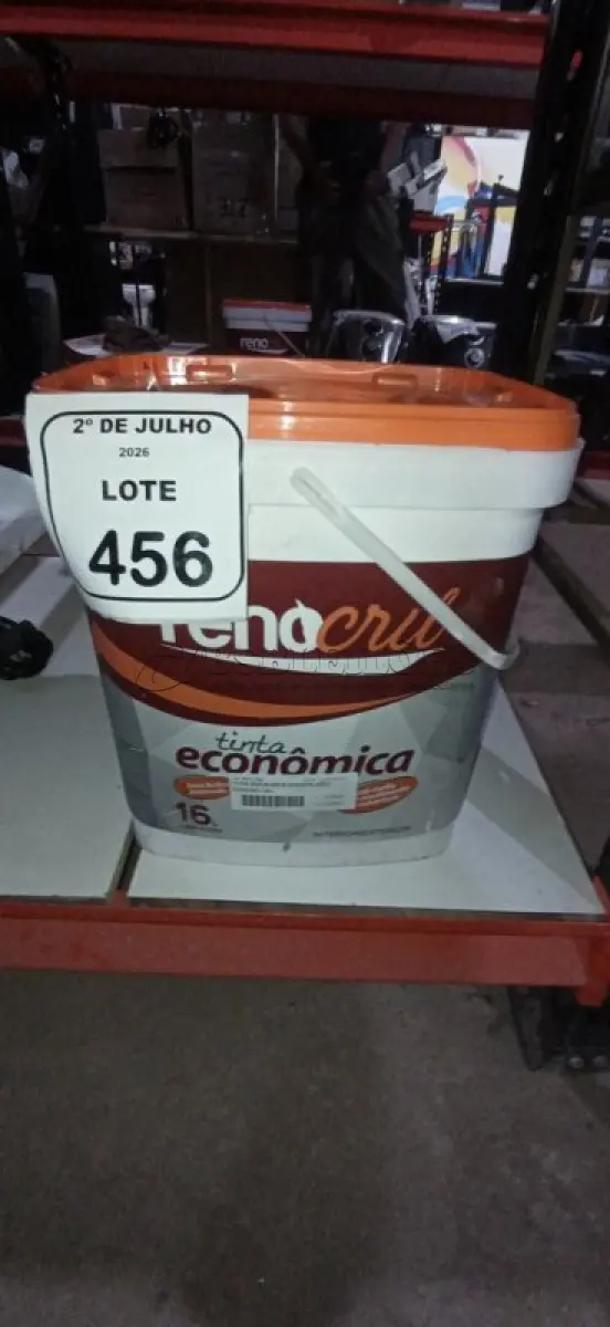 LOTE 456 - 01 BALDE DE TINTA ECONÔMICA 16L NA COR BRANCO NEVE MARCA RENOCRIL. (NO ESTADO) ATENÇÃO! FAZER A VISITAÇÃO ANTES DE ARREMATAR, NÃO SABEMOS SE FUNCIONA, LEILÃO NÃO TEM GARANTIA E NEM DEVOLUÇÃO, SUJEITO A POSSÍVEIS AVARIAS VISÍVEIS/OCULTAS E/OU AUSÊNCIA DE COMPONENTES.