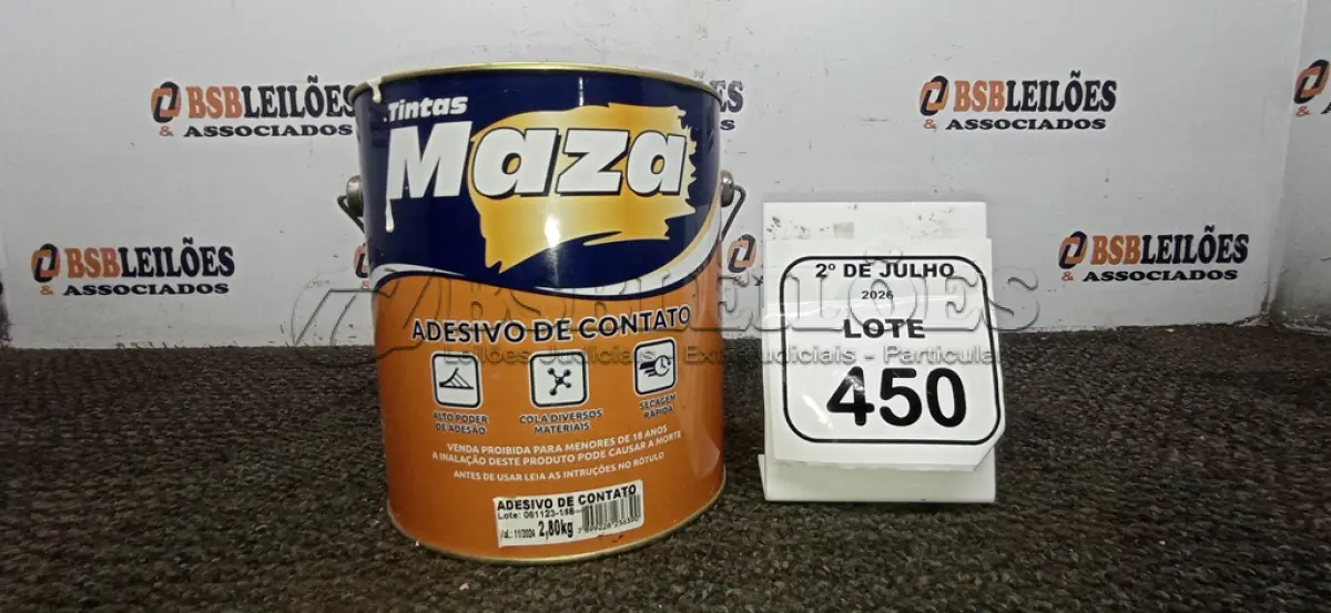LOTE 450 - 01 LATA DE ADESIVO DE CONTATO 2,80KG MARCA MAZA. (NO ESTADO) ATENÇÃO! FAZER A VISITAÇÃO ANTES DE ARREMATAR, NÃO SABEMOS SE FUNCIONA, LEILÃO NÃO TEM GARANTIA E NEM DEVOLUÇÃO, SUJEITO A POSSÍVEIS AVARIAS VISÍVEIS/OCULTAS E/OU AUSÊNCIA DE COMPONENTES.