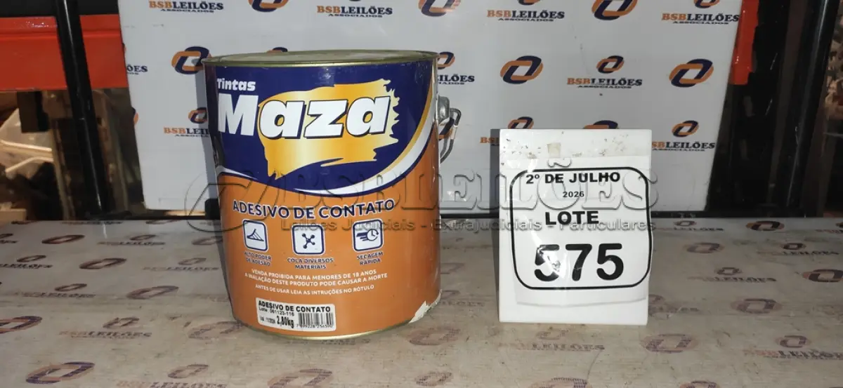 LOTE 575 - 01 LATA DE ADESIVO DE CONTATO 2,80KG MARCA MAZA. (NO ESTADO) ATENÇÃO! FAZER A VISITAÇÃO ANTES DE ARREMATAR, NÃO SABEMOS SE FUNCIONA, LEILÃO NÃO TEM GARANTIA E NEM DEVOLUÇÃO, SUJEITO A POSSÍVEIS AVARIAS VISÍVEIS/OCULTAS E/OU AUSÊNCIA DE COMPONENTES.