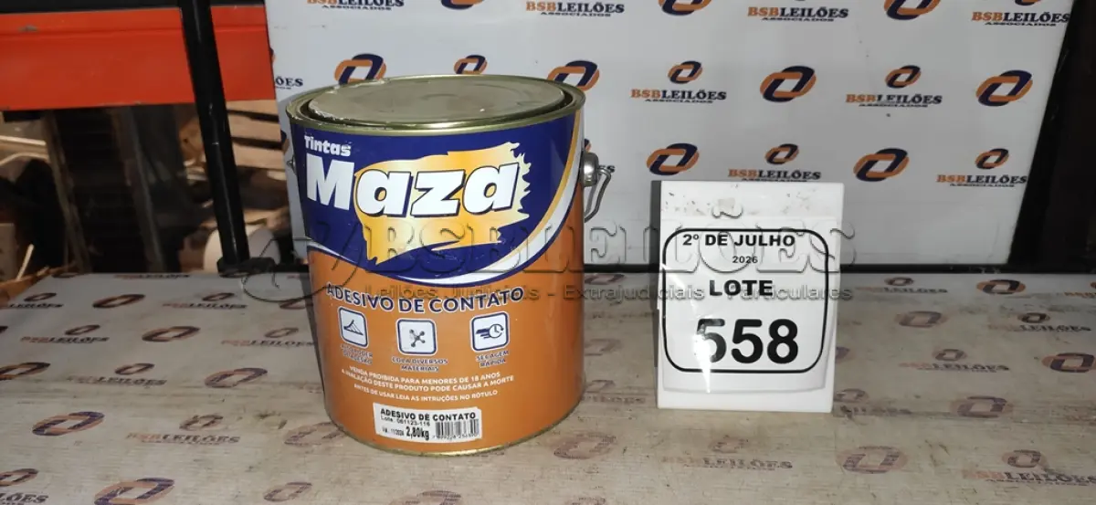 LOTE 558 - 01 LATA DE ADESIVO DE CONTATO 2,80KG MARCA MAZA. (NO ESTADO) ATENÇÃO! FAZER A VISITAÇÃO ANTES DE ARREMATAR, NÃO SABEMOS SE FUNCIONA, LEILÃO NÃO TEM GARANTIA E NEM DEVOLUÇÃO, SUJEITO A POSSÍVEIS AVARIAS VISÍVEIS/OCULTAS E/OU AUSÊNCIA DE COMPONENTES.