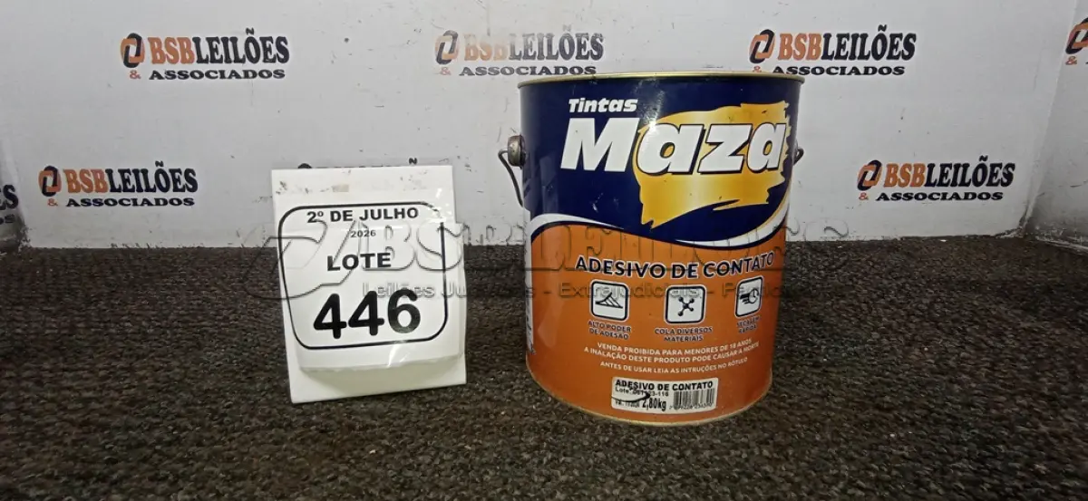 LOTE 446 - 01 LATA DE ADESIVO DE CONTATO 2,80KG MARCA MAZA. (NO ESTADO) ATENÇÃO! FAZER A VISITAÇÃO ANTES DE ARREMATAR, NÃO SABEMOS SE FUNCIONA, LEILÃO NÃO TEM GARANTIA E NEM DEVOLUÇÃO, SUJEITO A POSSÍVEIS AVARIAS VISÍVEIS/OCULTAS E/OU AUSÊNCIA DE COMPONENTES.