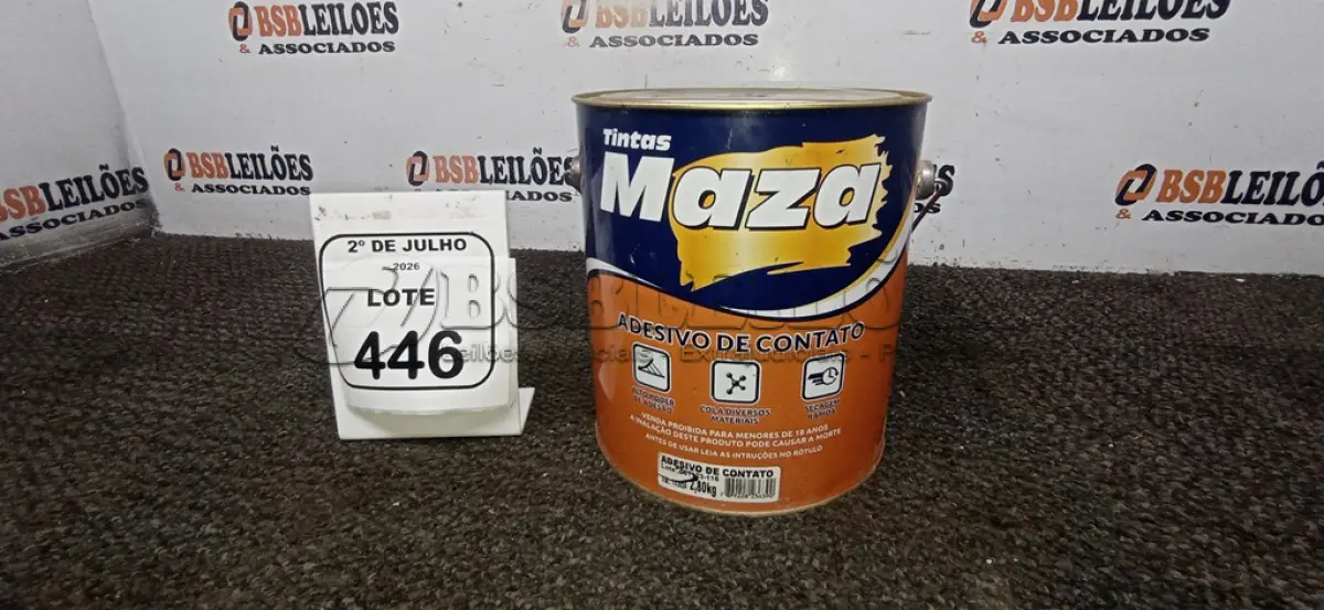 LOTE 446 - 01 LATA DE ADESIVO DE CONTATO 2,80KG MARCA MAZA. (NO ESTADO) ATENÇÃO! FAZER A VISITAÇÃO ANTES DE ARREMATAR, NÃO SABEMOS SE FUNCIONA, LEILÃO NÃO TEM GARANTIA E NEM DEVOLUÇÃO, SUJEITO A POSSÍVEIS AVARIAS VISÍVEIS/OCULTAS E/OU AUSÊNCIA DE COMPONENTES.