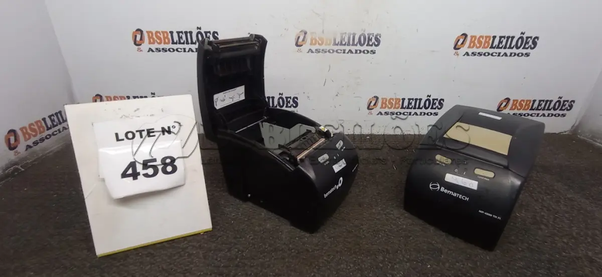 LOTE 458 - 02 IMPRESSORAS TÊRMICAS BEMATECH.  (NO ESTADO) ATENÇÃO! FAZER A VISITAÇÃO ANTES DE ARREMATAR, NÃO SABEMOS SE FUNCIONA, LEILÃO NÃO TEM GARANTIA E NEM DEVOLUÇÃO, SUJEITO A POSSÍVEIS AVARIAS VISÍVEIS/OCULTAS E/OU AUSÊNCIA DE COMPONENTES.