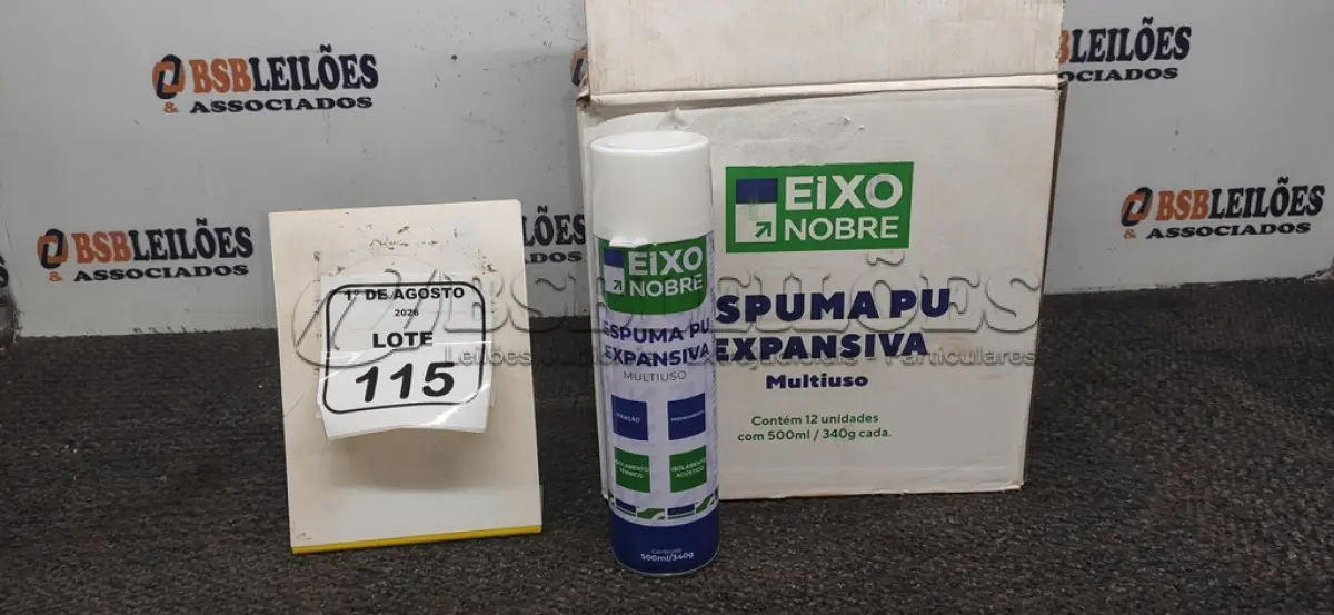 LOTE 115 - 01 CAIXA COM 12 ESPUMAS PU EXPANSIVA DE 500ML CADA MARCA EIXO NOBRE. (NO ESTADO) ATENÇÃO! FAZER A VISITAÇÃO ANTES DE ARREMATAR, NÃO SABEMOS SE FUNCIONA, LEILÃO NÃO TEM GARANTIA E NEM DEVOLUÇÃO, SUJEITO A POSSÍVEIS AVARIAS VISÍVEIS/OCULTAS E/OU AUSÊNCIA DE COMPONENTES.