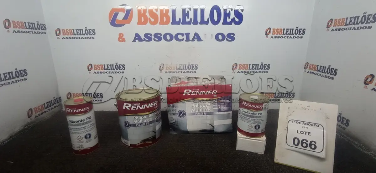 LOTE 066 - 01 GALÃO DE ESMALTE PU DE 2,7L, 01 LATA DE CATALISADOR DE 900ML E 01 LATA DE DILUENTE DE 900ML MARCA RENNER. (NO ESTADO) ATENÇÃO! FAZER A VISITAÇÃO ANTES DE ARREMATAR, NÃO SABEMOS SE FUNCIONA, LEILÃO NÃO TEM GARANTIA E NEM DEVOLUÇÃO, SUJEITO A POSSÍVEIS AVARIAS VISÍVEIS/OCULTAS E/OU AUSÊNCIA DE COMPONENTES.