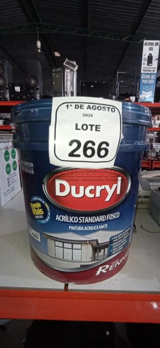 LOTE 266 - 01 BALDE DE TINTA ACRÍLICA NA COR CÉU VERÃO FOSCO DE 18L MARCA DUCRYL. (NO ESTADO) ATENÇÃO! FAZER A VISITAÇÃO ANTES DE ARREMATAR, NÃO SABEMOS SE FUNCIONA, LEILÃO NÃO TEM GARANTIA E NEM DEVOLUÇÃO, SUJEITO A POSSÍVEIS AVARIAS VISÍVEIS/OCULTAS E/OU AUSÊNCIA DE COMPONENTES.