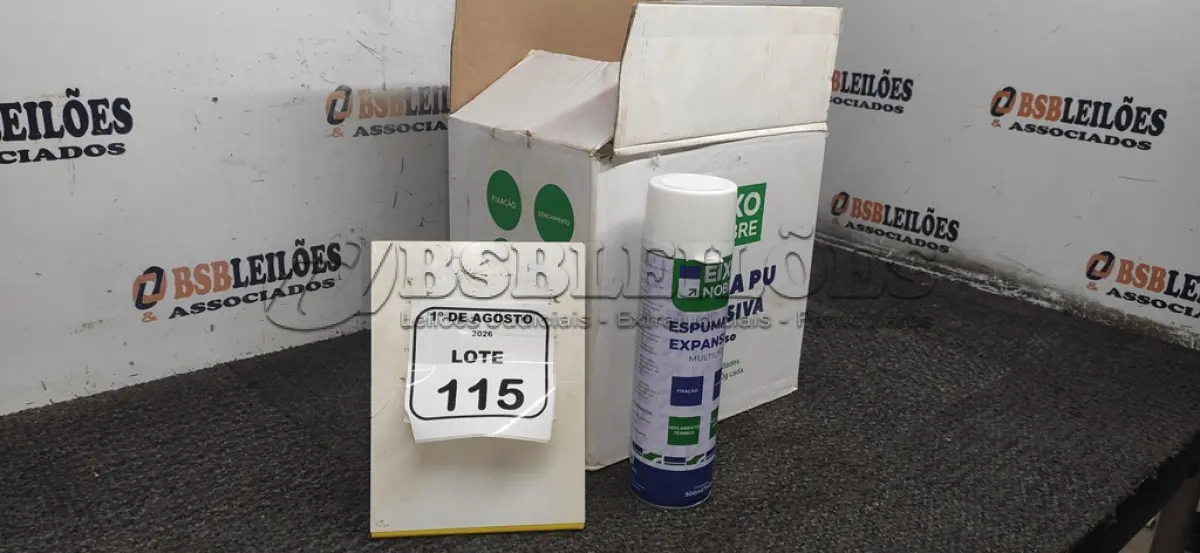 LOTE 115 - 01 CAIXA COM 12 ESPUMAS PU EXPANSIVA DE 500ML CADA MARCA EIXO NOBRE. (NO ESTADO) ATENÇÃO! FAZER A VISITAÇÃO ANTES DE ARREMATAR, NÃO SABEMOS SE FUNCIONA, LEILÃO NÃO TEM GARANTIA E NEM DEVOLUÇÃO, SUJEITO A POSSÍVEIS AVARIAS VISÍVEIS/OCULTAS E/OU AUSÊNCIA DE COMPONENTES.