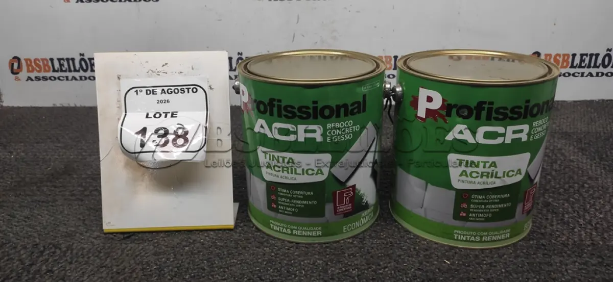 LOTE 138 - 02 LATAS DE TINTA ACRÍLICA DE 3,6L NA COR LUAR DO SERTÃO FOSCO MARCA PROFISSIONAL ACR. (NO ESTADO) ATENÇÃO! FAZER A VISITAÇÃO ANTES DE ARREMATAR, NÃO SABEMOS SE FUNCIONA, LEILÃO NÃO TEM GARANTIA E NEM DEVOLUÇÃO, SUJEITO A POSSÍVEIS AVARIAS VISÍVEIS/OCULTAS E/OU AUSÊNCIA DE COMPONENTES.