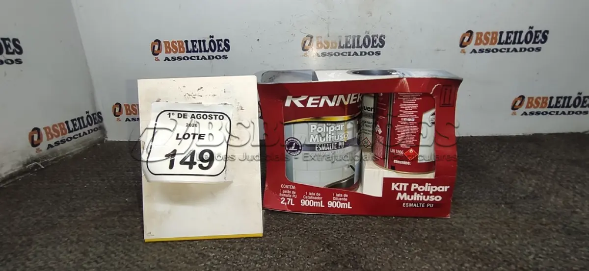 LOTE 149 - 01 GALÃO DE ESMALTE PU DE 2,7L, 01 LATA DE CATALISADOR DE 900ML E 01 LATA DE DILUENTE DE 900ML MARCA RENNER. (NO ESTADO) ATENÇÃO! FAZER A VISITAÇÃO ANTES DE ARREMATAR, NÃO SABEMOS SE FUNCIONA, LEILÃO NÃO TEM GARANTIA E NEM DEVOLUÇÃO, SUJEITO A POSSÍVEIS AVARIAS VISÍVEIS/OCULTAS E/OU AUSÊNCIA DE COMPONENTES.