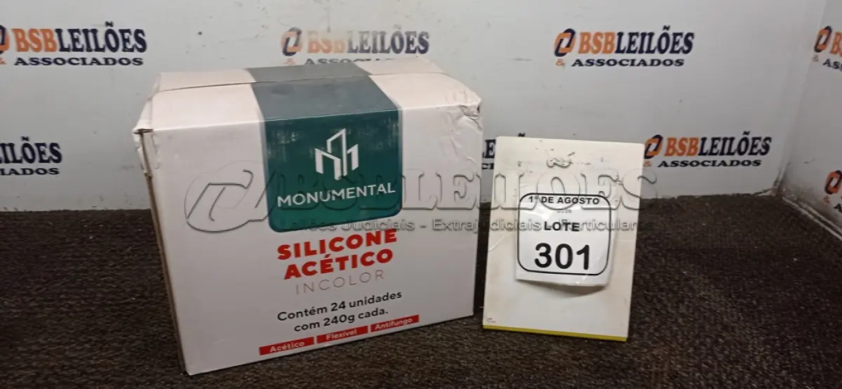 LOTE 301 - 01 CAIXA COM 24 SILICONES ACÉTICO INCOLOR DE 240G CADA MARCA MONUMENTAL. (NO ESTADO) ATENÇÃO! FAZER A VISITAÇÃO ANTES DE ARREMATAR, NÃO SABEMOS SE FUNCIONA, LEILÃO NÃO TEM GARANTIA E NEM DEVOLUÇÃO, SUJEITO A POSSÍVEIS AVARIAS VISÍVEIS/OCULTAS E/OU AUSÊNCIA DE COMPONENTES.