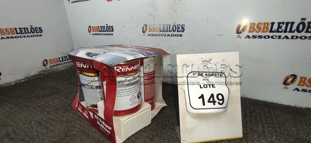 LOTE 149 - 01 GALÃO DE ESMALTE PU DE 2,7L, 01 LATA DE CATALISADOR DE 900ML E 01 LATA DE DILUENTE DE 900ML MARCA RENNER. (NO ESTADO) ATENÇÃO! FAZER A VISITAÇÃO ANTES DE ARREMATAR, NÃO SABEMOS SE FUNCIONA, LEILÃO NÃO TEM GARANTIA E NEM DEVOLUÇÃO, SUJEITO A POSSÍVEIS AVARIAS VISÍVEIS/OCULTAS E/OU AUSÊNCIA DE COMPONENTES.