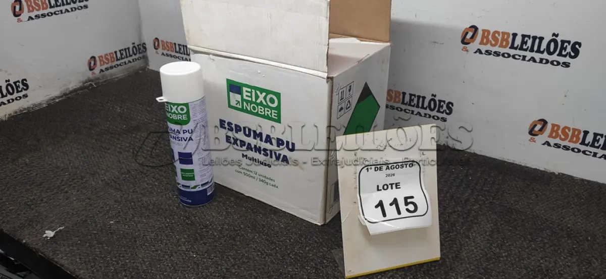 LOTE 115 - 01 CAIXA COM 12 ESPUMAS PU EXPANSIVA DE 500ML CADA MARCA EIXO NOBRE. (NO ESTADO) ATENÇÃO! FAZER A VISITAÇÃO ANTES DE ARREMATAR, NÃO SABEMOS SE FUNCIONA, LEILÃO NÃO TEM GARANTIA E NEM DEVOLUÇÃO, SUJEITO A POSSÍVEIS AVARIAS VISÍVEIS/OCULTAS E/OU AUSÊNCIA DE COMPONENTES.