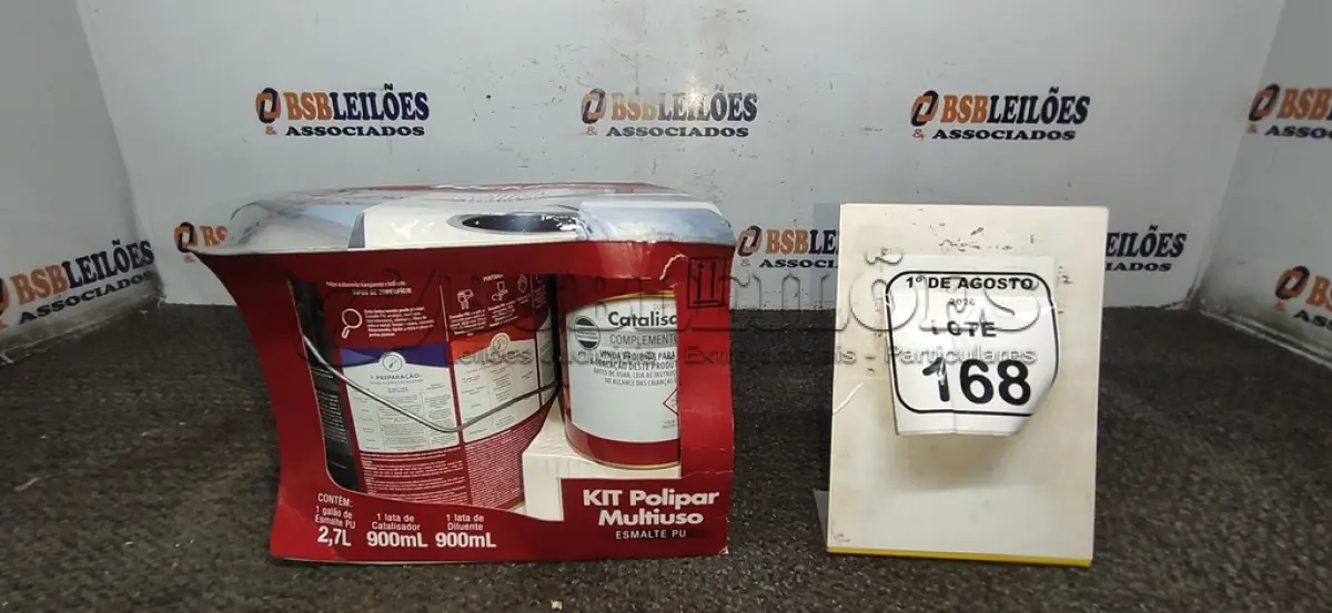 LOTE 168 - 01 GALÃO DE ESMALTE PU DE 2,7L, 01 LATA DE CATALISADOR DE 900ML E 01 LATA DE DILUENTE DE 900ML MARCA RENNER. (NO ESTADO) ATENÇÃO! FAZER A VISITAÇÃO ANTES DE ARREMATAR, NÃO SABEMOS SE FUNCIONA, LEILÃO NÃO TEM GARANTIA E NEM DEVOLUÇÃO, SUJEITO A POSSÍVEIS AVARIAS VISÍVEIS/OCULTAS E/OU AUSÊNCIA DE COMPONENTES.