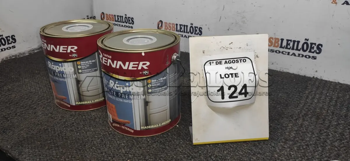 LOTE 124 - 02 LATAS DE ESMALTE SINTÉTICO BASE MÉDIA ALTO BRILHO DE 3,2L MARCA RENNER. (NO ESTADO) ATENÇÃO! FAZER A VISITAÇÃO ANTES DE ARREMATAR, NÃO SABEMOS SE FUNCIONA, LEILÃO NÃO TEM GARANTIA E NEM DEVOLUÇÃO, SUJEITO A POSSÍVEIS AVARIAS VISÍVEIS/OCULTAS E/OU AUSÊNCIA DE COMPONENTES.