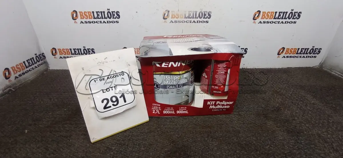 LOTE 291 - 01 GALÃO DE ESMALTE PU DE 2,7L, 01 LATA DE CATALISADOR DE 900ML E 01 LATA DE DILUENTE DE 900ML MARCA RENNER. (NO ESTADO) ATENÇÃO! FAZER A VISITAÇÃO ANTES DE ARREMATAR, NÃO SABEMOS SE FUNCIONA, LEILÃO NÃO TEM GARANTIA E NEM DEVOLUÇÃO, SUJEITO A POSSÍVEIS AVARIAS VISÍVEIS/OCULTAS E/OU AUSÊNCIA DE COMPONENTES.