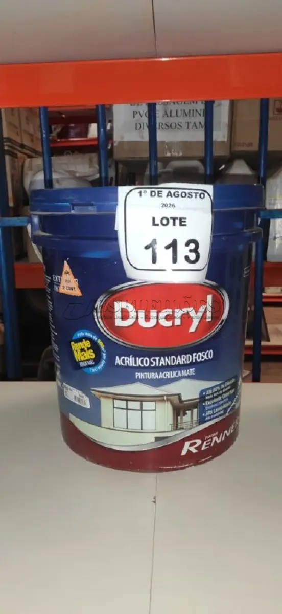 LOTE 113 - 01 BALDE DE TINTA ACRÍLICA NA COR MELÃO ROSA FOSCO DE 18L MARCA DUCRYL. (NO ESTADO) ATENÇÃO! FAZER A VISITAÇÃO ANTES DE ARREMATAR, NÃO SABEMOS SE FUNCIONA, LEILÃO NÃO TEM GARANTIA E NEM DEVOLUÇÃO, SUJEITO A POSSÍVEIS AVARIAS VISÍVEIS/OCULTAS E/OU AUSÊNCIA DE COMPONENTES.