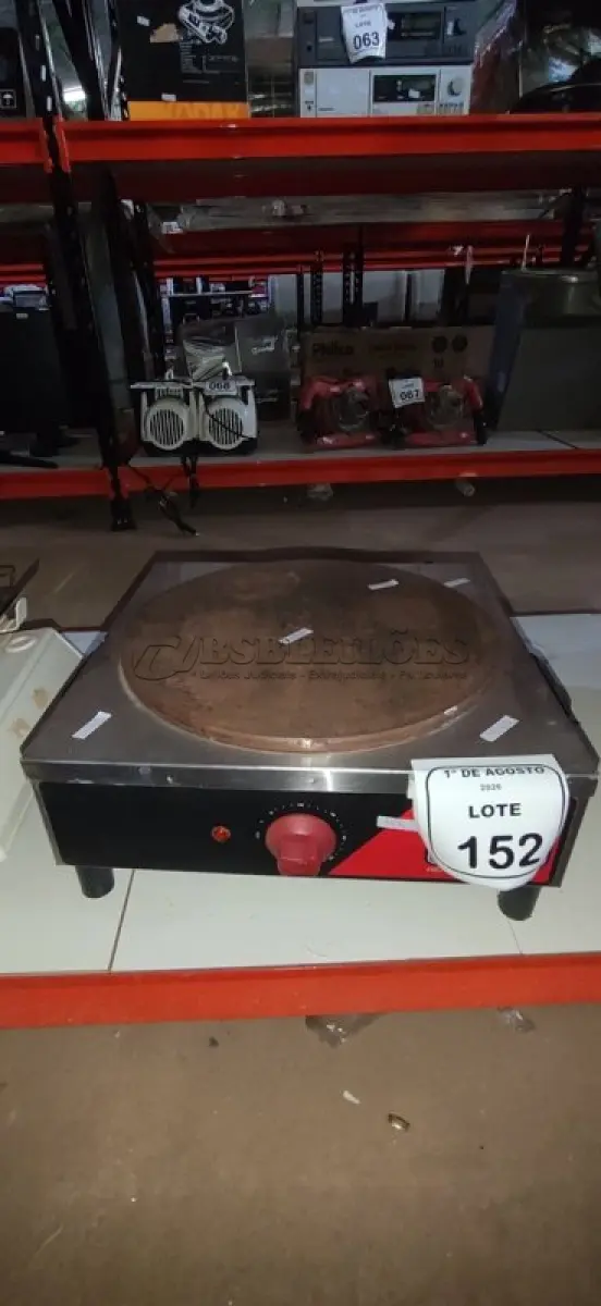 LOTE 152 - 01 CREPEIRA MODELO MPES 220V MARCA CROYDON. (NO ESTADO) ATENÇÃO! FAZER A VISITAÇÃO ANTES DE ARREMATAR, NÃO SABEMOS SE FUNCIONA, LEILÃO NÃO TEM GARANTIA E NEM DEVOLUÇÃO, SUJEITO A POSSÍVEIS AVARIAS VISÍVEIS/OCULTAS E/OU AUSÊNCIA DE COMPONENTES.