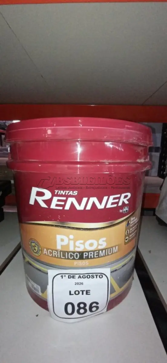 LOTE 086 - 01 BALDE DE TINTA DE PISOS ACRÍLICO PREMIUM 18LNA COR VERMELHO SEGURANÇA FOSCO MARCA RENNER.  (NO ESTADO) ATENÇÃO! FAZER A VISITAÇÃO ANTES DE ARREMATAR, NÃO SABEMOS SE FUNCIONA, LEILÃO NÃO TEM GARANTIA E NEM DEVOLUÇÃO, SUJEITO A POSSÍVEIS AVARIAS VISÍVEIS/OCULTAS E/OU AUSÊNCIA DE COMPONENTES.