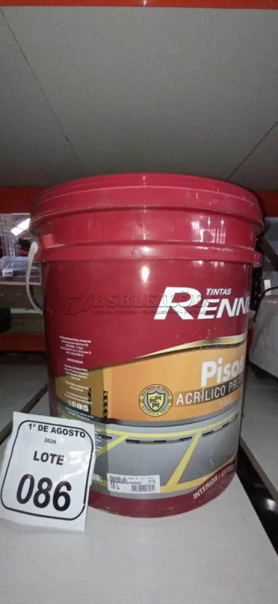 LOTE 086 - 01 BALDE DE TINTA DE PISOS ACRÍLICO PREMIUM 18LNA COR VERMELHO SEGURANÇA FOSCO MARCA RENNER.  (NO ESTADO) ATENÇÃO! FAZER A VISITAÇÃO ANTES DE ARREMATAR, NÃO SABEMOS SE FUNCIONA, LEILÃO NÃO TEM GARANTIA E NEM DEVOLUÇÃO, SUJEITO A POSSÍVEIS AVARIAS VISÍVEIS/OCULTAS E/OU AUSÊNCIA DE COMPONENTES.