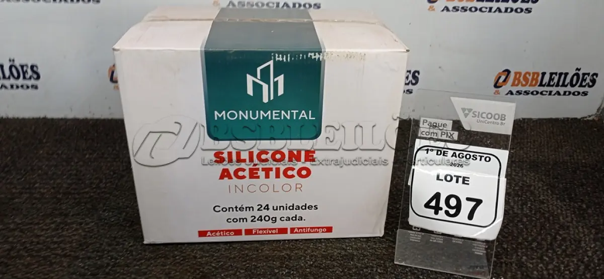 LOTE 497 - 01 CAIXA COM 24 SILICONE ACÉTICO INCOLOR DE 240G CADA MARCA MONUMENTAL. (NO ESTADO) ATENÇÃO! FAZER A VISITAÇÃO ANTES DE ARREMATAR, NÃO SABEMOS SE FUNCIONA, LEILÃO NÃO TEM GARANTIA E NEM DEVOLUÇÃO, SUJEITO A POSSÍVEIS AVARIAS VISÍVEIS/OCULTAS E/OU AUSÊNCIA DE COMPONENTES.