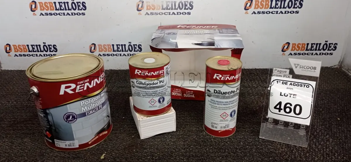LOTE 460 - 01 GALÃO DE ESMALTE PU DE 2,7L, 01 LATA DE CATALISADOR DE 900ML E 01 LATA DE DILUENTE DE 900ML MARCA RENNER. (NO ESTADO) ATENÇÃO! FAZER A VISITAÇÃO ANTES DE ARREMATAR, NÃO SABEMOS SE FUNCIONA, LEILÃO NÃO TEM GARANTIA E NEM DEVOLUÇÃO, SUJEITO A POSSÍVEIS AVARIAS VISÍVEIS/OCULTAS E/OU AUSÊNCIA DE COMPONENTES.