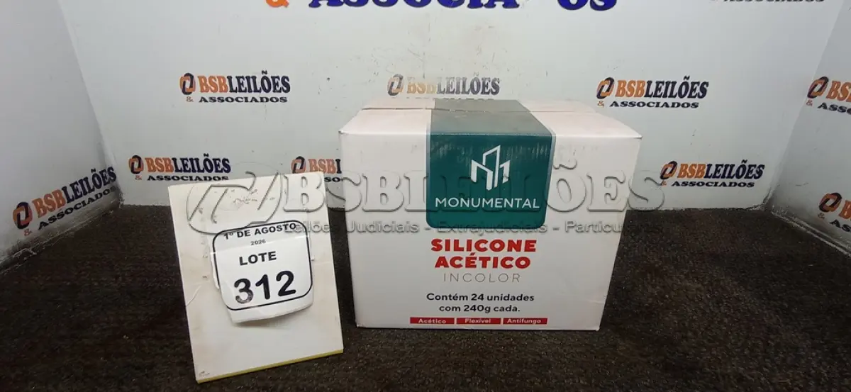 LOTE 312 - 01 CAIXA COM 24 SILICONES ACÉTICO INCOLOR DE 240G CADA MARCA MONUMENTAL. (NO ESTADO) ATENÇÃO! FAZER A VISITAÇÃO ANTES DE ARREMATAR, NÃO SABEMOS SE FUNCIONA, LEILÃO NÃO TEM GARANTIA E NEM DEVOLUÇÃO, SUJEITO A POSSÍVEIS AVARIAS VISÍVEIS/OCULTAS E/OU AUSÊNCIA DE COMPONENTES.