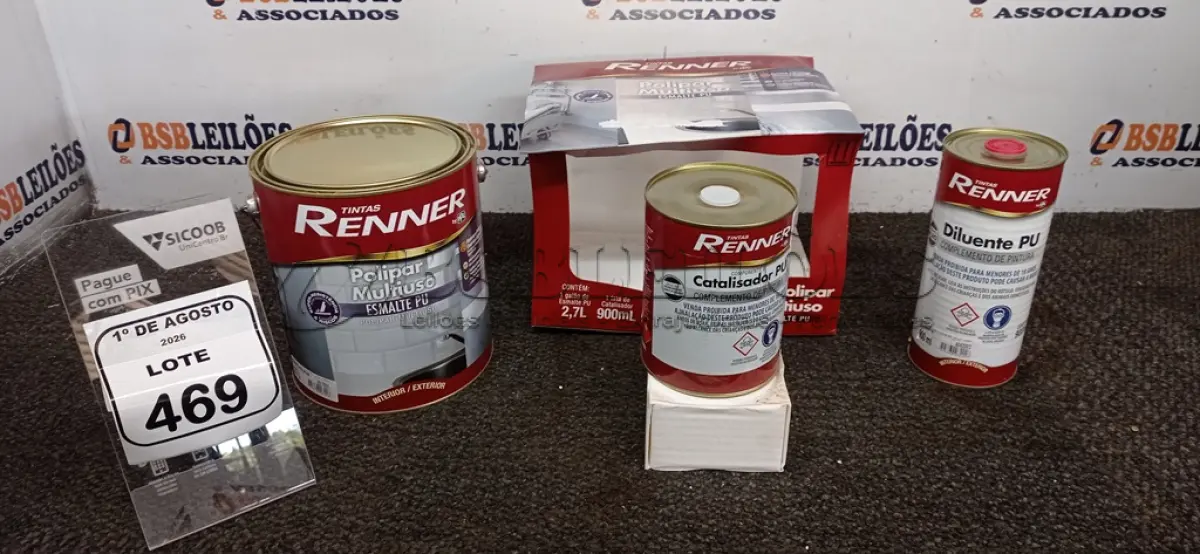 LOTE 469 - 01 GALÃO DE ESMALTE PU DE 2,7L, 01 LATA DE CATALISADOR DE 900ML E 01 LATA DE DILUENTE DE 900ML MARCA RENNER. (NO ESTADO) ATENÇÃO! FAZER A VISITAÇÃO ANTES DE ARREMATAR, NÃO SABEMOS SE FUNCIONA, LEILÃO NÃO TEM GARANTIA E NEM DEVOLUÇÃO, SUJEITO A POSSÍVEIS AVARIAS VISÍVEIS/OCULTAS E/OU AUSÊNCIA DE COMPONENTES.