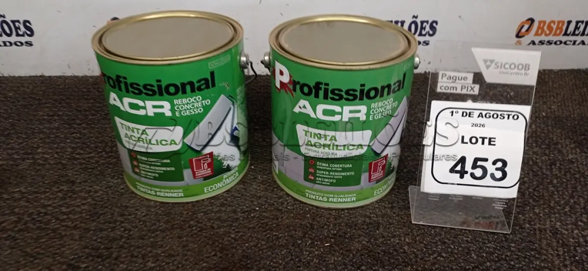 LOTE 453 - 02 LATAS DE TINTA ACRÍLICA DE 3,6L NA COR LUAR DO SERTÃO FOSCO MARCA PROFISSIONAL ACR. (NO ESTADO) ATENÇÃO! FAZER A VISITAÇÃO ANTES DE ARREMATAR, NÃO SABEMOS SE FUNCIONA, LEILÃO NÃO TEM GARANTIA E NEM DEVOLUÇÃO, SUJEITO A POSSÍVEIS AVARIAS VISÍVEIS/OCULTAS E/OU AUSÊNCIA DE COMPONENTES.