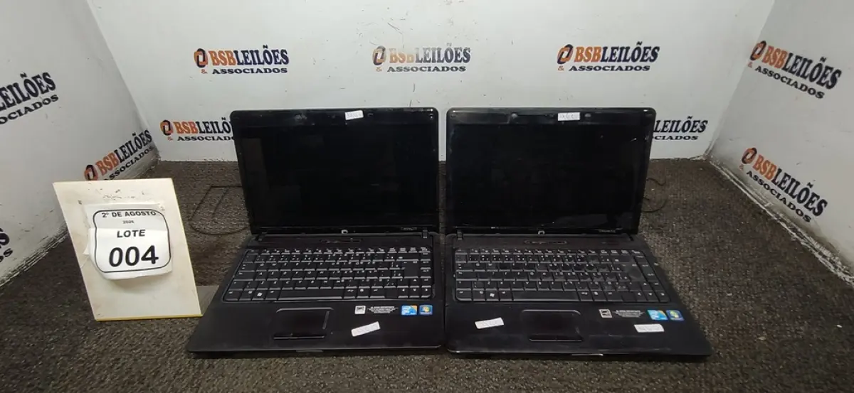 LOTE 004 - 02 NOTEBOOKS MARCA COMPAQ SEM FONTE. (NO ESTADO) ATENÇÃO! FAZER A VISITAÇÃO ANTES DE ARREMATAR, NÃO SABEMOS SE FUNCIONA, LEILÃO NÃO TEM GARANTIA E NEM DEVOLUÇÃO, SUJEITO A POSSÍVEIS AVARIAS VISÍVEIS/OCULTAS E/OU AUSÊNCIA DE COMPONENTES.
