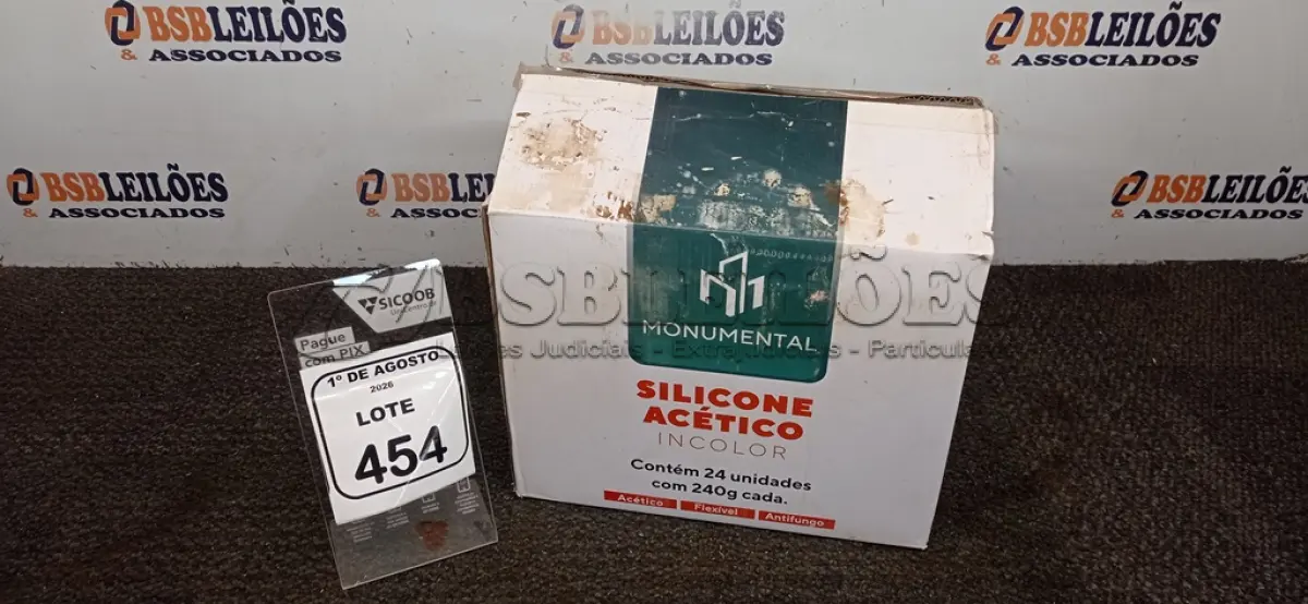 LOTE 454 - 01 CAIXA COM 24 SILICONES ACÉTICO INCOLOR DE 240G CADA MARCA MONUMENTAL. (NO ESTADO) ATENÇÃO! FAZER A VISITAÇÃO ANTES DE ARREMATAR, NÃO SABEMOS SE FUNCIONA, LEILÃO NÃO TEM GARANTIA E NEM DEVOLUÇÃO, SUJEITO A POSSÍVEIS AVARIAS VISÍVEIS/OCULTAS E/OU AUSÊNCIA DE COMPONENTES.
