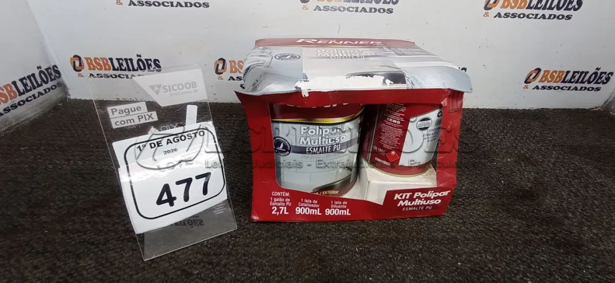 LOTE 477 - 01 GALÃO DE ESMALTE PU DE 2,7L, 01 LATA DE CATALISADOR DE 900ML E 01 LATA DE DILUENTE DE 900ML MARCA RENNER. (NO ESTADO) ATENÇÃO! FAZER A VISITAÇÃO ANTES DE ARREMATAR, NÃO SABEMOS SE FUNCIONA, LEILÃO NÃO TEM GARANTIA E NEM DEVOLUÇÃO, SUJEITO A POSSÍVEIS AVARIAS VISÍVEIS/OCULTAS E/OU AUSÊNCIA DE COMPONENTES.