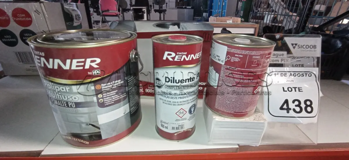 LOTE 438 - 01 GALÃO DE ESMALTE PU DE 2,7L, 01 LATA DE CATALISADOR DE 900ML E 01 LATA DE DILUENTE DE 900ML MARCA RENNER. (NO ESTADO) ATENÇÃO! FAZER A VISITAÇÃO ANTES DE ARREMATAR, NÃO SABEMOS SE FUNCIONA, LEILÃO NÃO TEM GARANTIA E NEM DEVOLUÇÃO, SUJEITO A POSSÍVEIS AVARIAS VISÍVEIS/OCULTAS E/OU AUSÊNCIA DE COMPONENTES.
