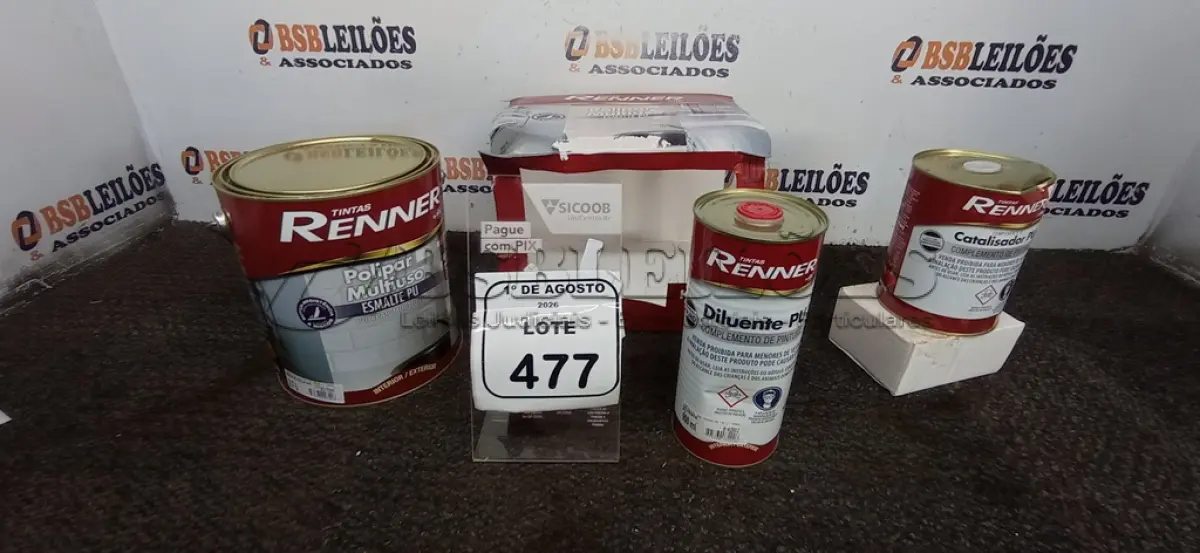 LOTE 477 - 01 GALÃO DE ESMALTE PU DE 2,7L, 01 LATA DE CATALISADOR DE 900ML E 01 LATA DE DILUENTE DE 900ML MARCA RENNER. (NO ESTADO) ATENÇÃO! FAZER A VISITAÇÃO ANTES DE ARREMATAR, NÃO SABEMOS SE FUNCIONA, LEILÃO NÃO TEM GARANTIA E NEM DEVOLUÇÃO, SUJEITO A POSSÍVEIS AVARIAS VISÍVEIS/OCULTAS E/OU AUSÊNCIA DE COMPONENTES.