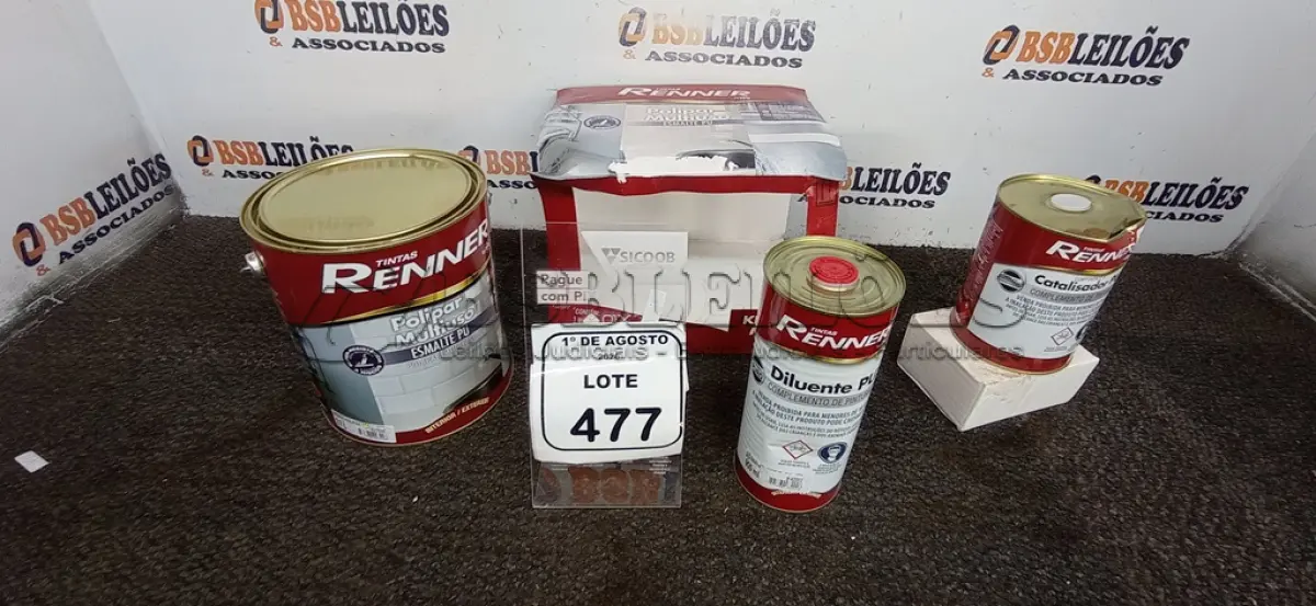 LOTE 477 - 01 GALÃO DE ESMALTE PU DE 2,7L, 01 LATA DE CATALISADOR DE 900ML E 01 LATA DE DILUENTE DE 900ML MARCA RENNER. (NO ESTADO) ATENÇÃO! FAZER A VISITAÇÃO ANTES DE ARREMATAR, NÃO SABEMOS SE FUNCIONA, LEILÃO NÃO TEM GARANTIA E NEM DEVOLUÇÃO, SUJEITO A POSSÍVEIS AVARIAS VISÍVEIS/OCULTAS E/OU AUSÊNCIA DE COMPONENTES.