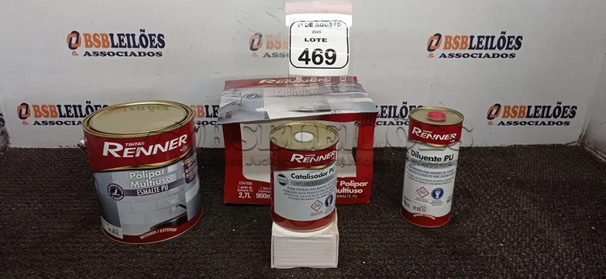 LOTE 469 - 01 GALÃO DE ESMALTE PU DE 2,7L, 01 LATA DE CATALISADOR DE 900ML E 01 LATA DE DILUENTE DE 900ML MARCA RENNER. (NO ESTADO) ATENÇÃO! FAZER A VISITAÇÃO ANTES DE ARREMATAR, NÃO SABEMOS SE FUNCIONA, LEILÃO NÃO TEM GARANTIA E NEM DEVOLUÇÃO, SUJEITO A POSSÍVEIS AVARIAS VISÍVEIS/OCULTAS E/OU AUSÊNCIA DE COMPONENTES.