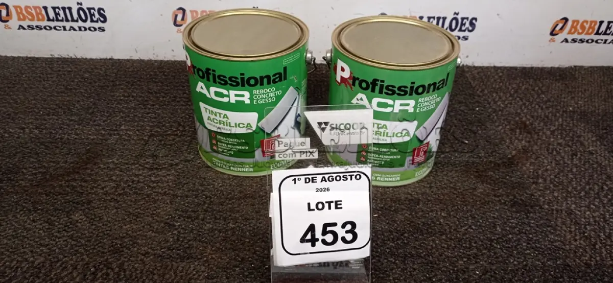 LOTE 453 - 02 LATAS DE TINTA ACRÍLICA DE 3,6L NA COR LUAR DO SERTÃO FOSCO MARCA PROFISSIONAL ACR. (NO ESTADO) ATENÇÃO! FAZER A VISITAÇÃO ANTES DE ARREMATAR, NÃO SABEMOS SE FUNCIONA, LEILÃO NÃO TEM GARANTIA E NEM DEVOLUÇÃO, SUJEITO A POSSÍVEIS AVARIAS VISÍVEIS/OCULTAS E/OU AUSÊNCIA DE COMPONENTES.