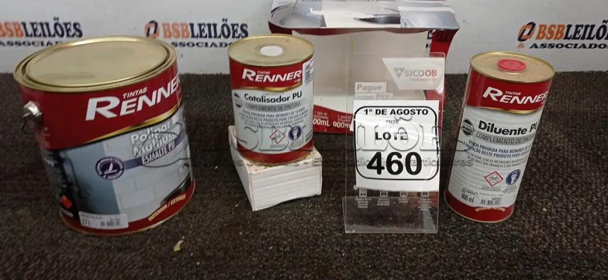 LOTE 460 - 01 GALÃO DE ESMALTE PU DE 2,7L, 01 LATA DE CATALISADOR DE 900ML E 01 LATA DE DILUENTE DE 900ML MARCA RENNER. (NO ESTADO) ATENÇÃO! FAZER A VISITAÇÃO ANTES DE ARREMATAR, NÃO SABEMOS SE FUNCIONA, LEILÃO NÃO TEM GARANTIA E NEM DEVOLUÇÃO, SUJEITO A POSSÍVEIS AVARIAS VISÍVEIS/OCULTAS E/OU AUSÊNCIA DE COMPONENTES.