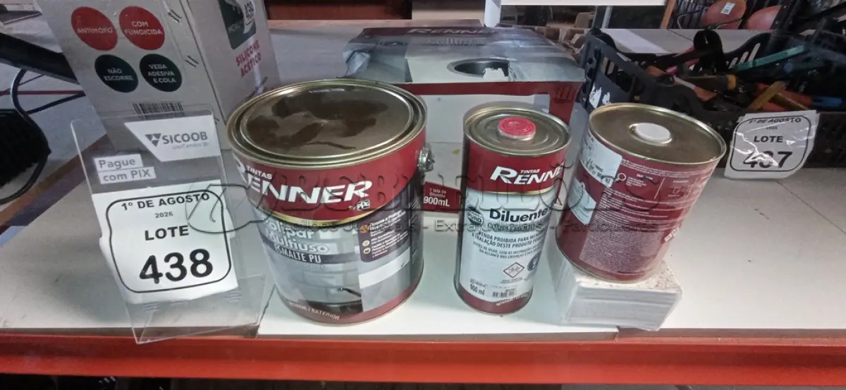 LOTE 438 - 01 GALÃO DE ESMALTE PU DE 2,7L, 01 LATA DE CATALISADOR DE 900ML E 01 LATA DE DILUENTE DE 900ML MARCA RENNER. (NO ESTADO) ATENÇÃO! FAZER A VISITAÇÃO ANTES DE ARREMATAR, NÃO SABEMOS SE FUNCIONA, LEILÃO NÃO TEM GARANTIA E NEM DEVOLUÇÃO, SUJEITO A POSSÍVEIS AVARIAS VISÍVEIS/OCULTAS E/OU AUSÊNCIA DE COMPONENTES.