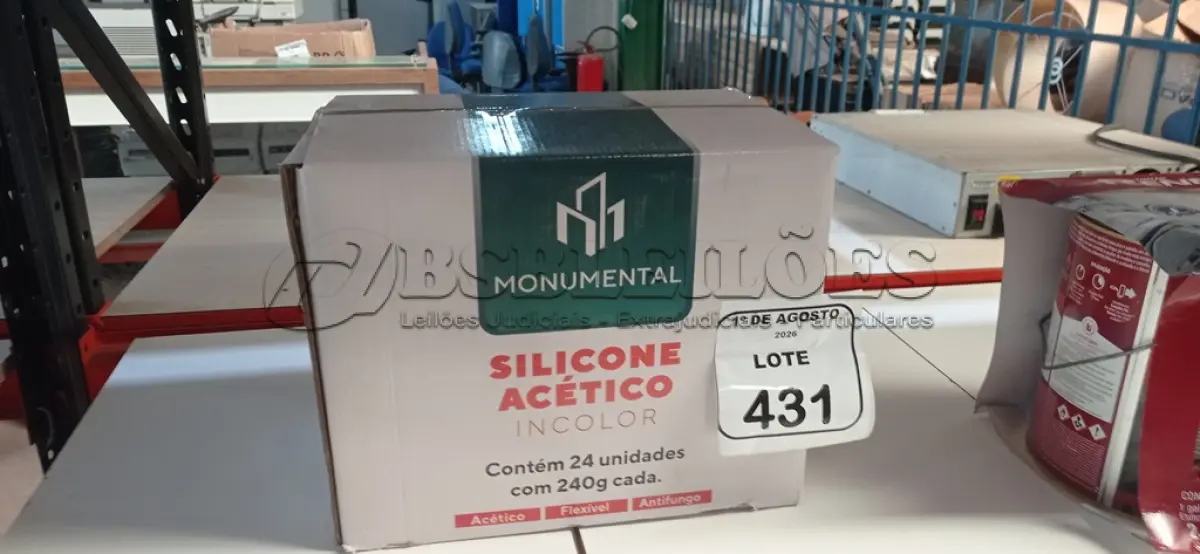 LOTE 431 - 01 CAIXA COM 24 SILICONES ACÉTICO INCOLOR DE 240G CADA MARCA MONUMENTAL. (NO ESTADO) ATENÇÃO! FAZER A VISITAÇÃO ANTES DE ARREMATAR, NÃO SABEMOS SE FUNCIONA, LEILÃO NÃO TEM GARANTIA E NEM DEVOLUÇÃO, SUJEITO A POSSÍVEIS AVARIAS VISÍVEIS/OCULTAS E/OU AUSÊNCIA DE COMPONENTES.