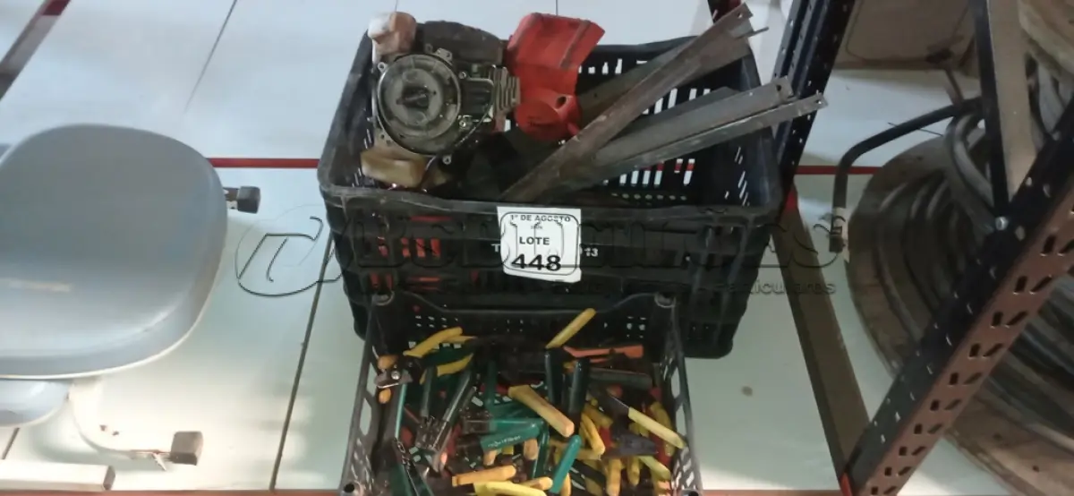 LOTE 448 - 01 MOTOR DE ROÇADEIRA PARA RETIRADA DE PEÇAS, VÁRIAS CANTONEIRAS DE FERRO E 01 CAIXA COM VÁRIOS ALICATES DE MARCAS E MODELOS DIVERSOS. (NO ESTADO) ATENÇÃO! FAZER A VISITAÇÃO ANTES DE ARREMATAR, NÃO SABEMOS SE FUNCIONA, LEILÃO NÃO TEM GARANTIA E NEM DEVOLUÇÃO, SUJEITO A POSSÍVEIS AVARIAS VISÍVEIS/OCULTAS E/OU AUSÊNCIA DE COMPONENTES.