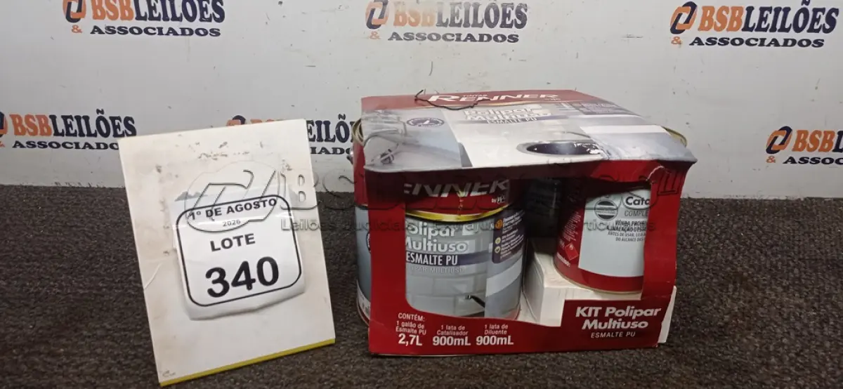 LOTE 340 - 01 GALÃO DE ESMALTE PU DE 2,7L, 01 LATA DE CATALISADOR DE 900ML E 01 LATA DE DILUENTE DE 900ML MARCA RENNER. (NO ESTADO) ATENÇÃO! FAZER A VISITAÇÃO ANTES DE ARREMATAR, NÃO SABEMOS SE FUNCIONA, LEILÃO NÃO TEM GARANTIA E NEM DEVOLUÇÃO, SUJEITO A POSSÍVEIS AVARIAS VISÍVEIS/OCULTAS E/OU AUSÊNCIA DE COMPONENTES.