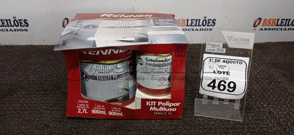 LOTE 469 - 01 GALÃO DE ESMALTE PU DE 2,7L, 01 LATA DE CATALISADOR DE 900ML E 01 LATA DE DILUENTE DE 900ML MARCA RENNER. (NO ESTADO) ATENÇÃO! FAZER A VISITAÇÃO ANTES DE ARREMATAR, NÃO SABEMOS SE FUNCIONA, LEILÃO NÃO TEM GARANTIA E NEM DEVOLUÇÃO, SUJEITO A POSSÍVEIS AVARIAS VISÍVEIS/OCULTAS E/OU AUSÊNCIA DE COMPONENTES.
