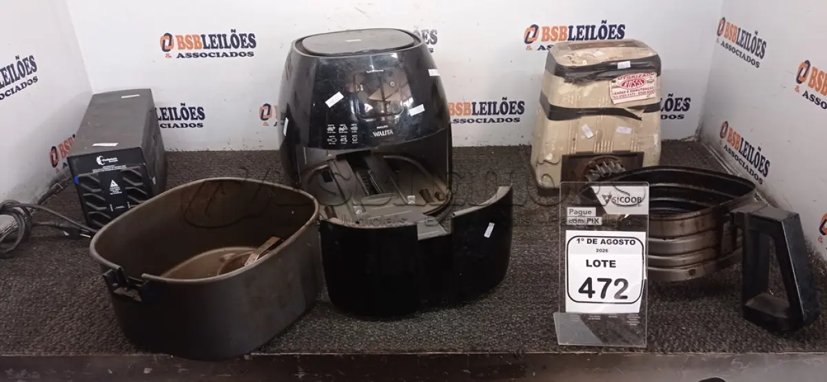 LOTE 472 - 01 ESTABILIZADOR, 01 MOTOR DE PORTÃO ELÉTRICO E 01 AIR FRYER. (NO ESTADO) ATENÇÃO! FAZER A VISITAÇÃO ANTES DE ARREMATAR, NÃO SABEMOS SE FUNCIONA, LEILÃO NÃO TEM GARANTIA E NEM DEVOLUÇÃO, SUJEITO A POSSÍVEIS AVARIAS VISÍVEIS/OCULTAS E/OU AUSÊNCIA DE COMPONENTES.