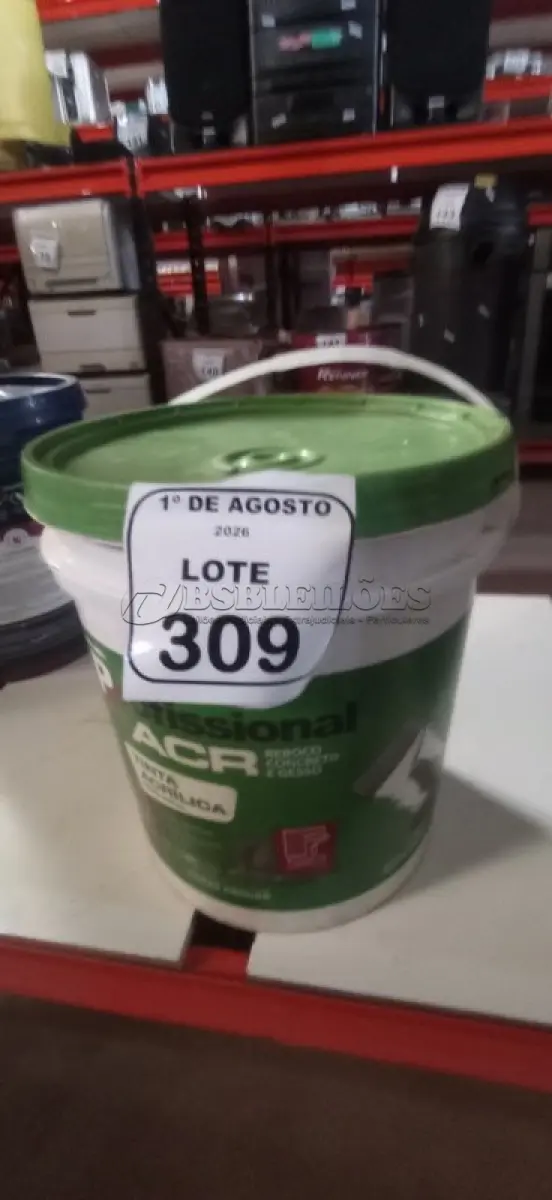LOTE 309 - 01 BALDE DE TINTA ACRÍLICA NA COR PÊSSEGO FOSCO 3037 DE 18L MARCA PROFISSIONAL ACR. (NO ESTADO) ATENÇÃO! FAZER A VISITAÇÃO ANTES DE ARREMATAR, NÃO SABEMOS SE FUNCIONA, LEILÃO NÃO TEM GARANTIA E NEM DEVOLUÇÃO, SUJEITO A POSSÍVEIS AVARIAS VISÍVEIS/OCULTAS E/OU AUSÊNCIA DE COMPONENTES.