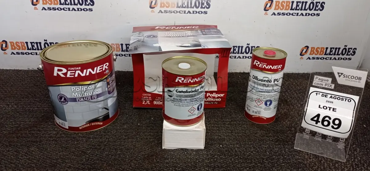 LOTE 469 - 01 GALÃO DE ESMALTE PU DE 2,7L, 01 LATA DE CATALISADOR DE 900ML E 01 LATA DE DILUENTE DE 900ML MARCA RENNER. (NO ESTADO) ATENÇÃO! FAZER A VISITAÇÃO ANTES DE ARREMATAR, NÃO SABEMOS SE FUNCIONA, LEILÃO NÃO TEM GARANTIA E NEM DEVOLUÇÃO, SUJEITO A POSSÍVEIS AVARIAS VISÍVEIS/OCULTAS E/OU AUSÊNCIA DE COMPONENTES.