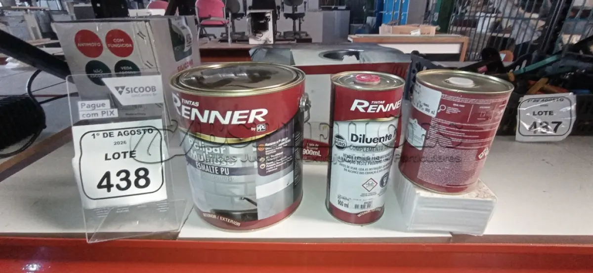 LOTE 438 - 01 GALÃO DE ESMALTE PU DE 2,7L, 01 LATA DE CATALISADOR DE 900ML E 01 LATA DE DILUENTE DE 900ML MARCA RENNER. (NO ESTADO) ATENÇÃO! FAZER A VISITAÇÃO ANTES DE ARREMATAR, NÃO SABEMOS SE FUNCIONA, LEILÃO NÃO TEM GARANTIA E NEM DEVOLUÇÃO, SUJEITO A POSSÍVEIS AVARIAS VISÍVEIS/OCULTAS E/OU AUSÊNCIA DE COMPONENTES.