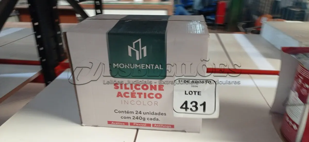 LOTE 431 - 01 CAIXA COM 24 SILICONES ACÉTICO INCOLOR DE 240G CADA MARCA MONUMENTAL. (NO ESTADO) ATENÇÃO! FAZER A VISITAÇÃO ANTES DE ARREMATAR, NÃO SABEMOS SE FUNCIONA, LEILÃO NÃO TEM GARANTIA E NEM DEVOLUÇÃO, SUJEITO A POSSÍVEIS AVARIAS VISÍVEIS/OCULTAS E/OU AUSÊNCIA DE COMPONENTES.