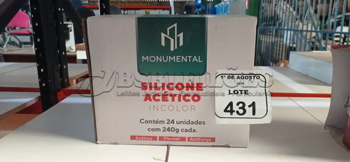 LOTE 431 - 01 CAIXA COM 24 SILICONES ACÉTICO INCOLOR DE 240G CADA MARCA MONUMENTAL. (NO ESTADO) ATENÇÃO! FAZER A VISITAÇÃO ANTES DE ARREMATAR, NÃO SABEMOS SE FUNCIONA, LEILÃO NÃO TEM GARANTIA E NEM DEVOLUÇÃO, SUJEITO A POSSÍVEIS AVARIAS VISÍVEIS/OCULTAS E/OU AUSÊNCIA DE COMPONENTES.